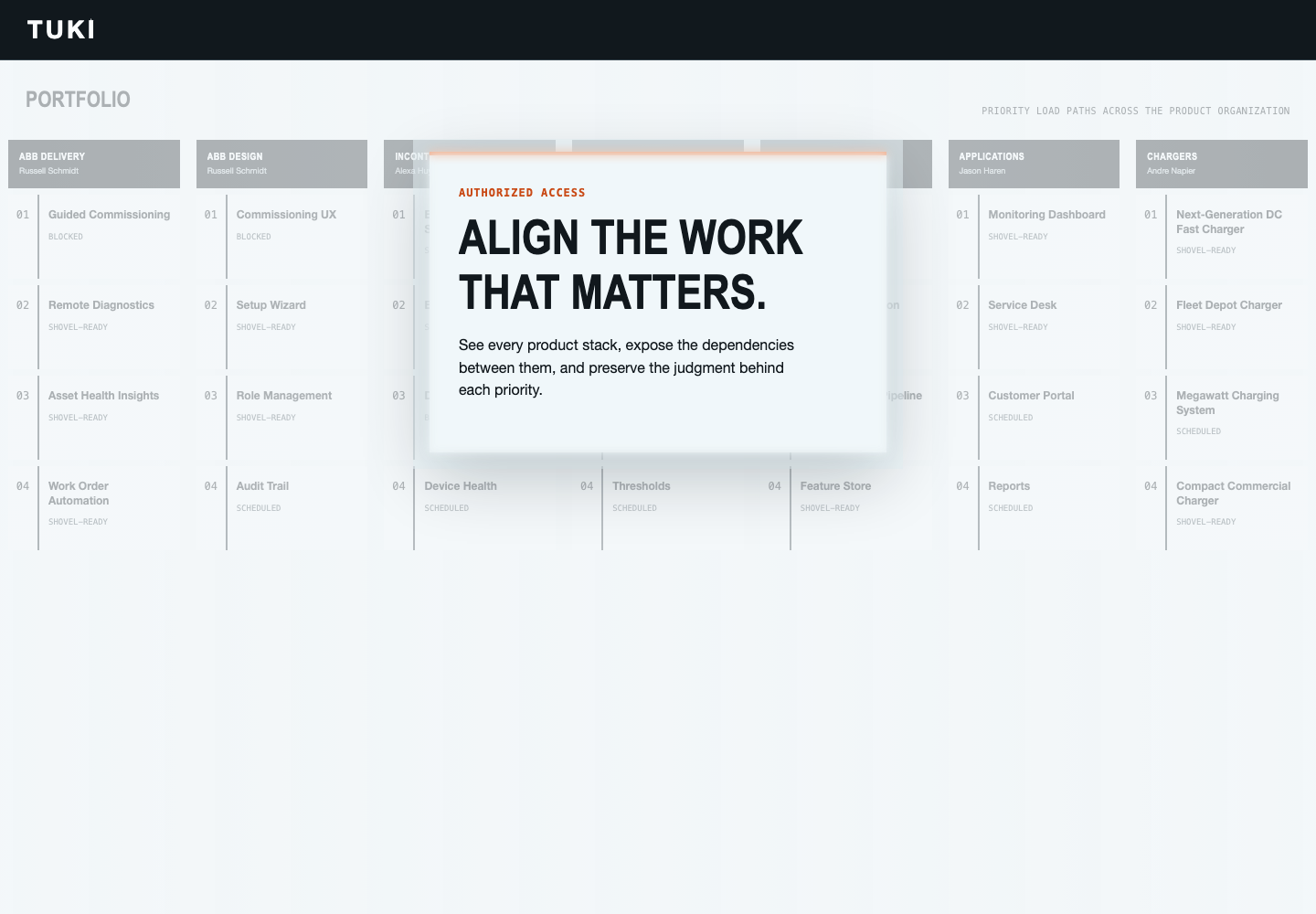 Tuki sign-in screen showing product priority stacks and dependency-oriented planning